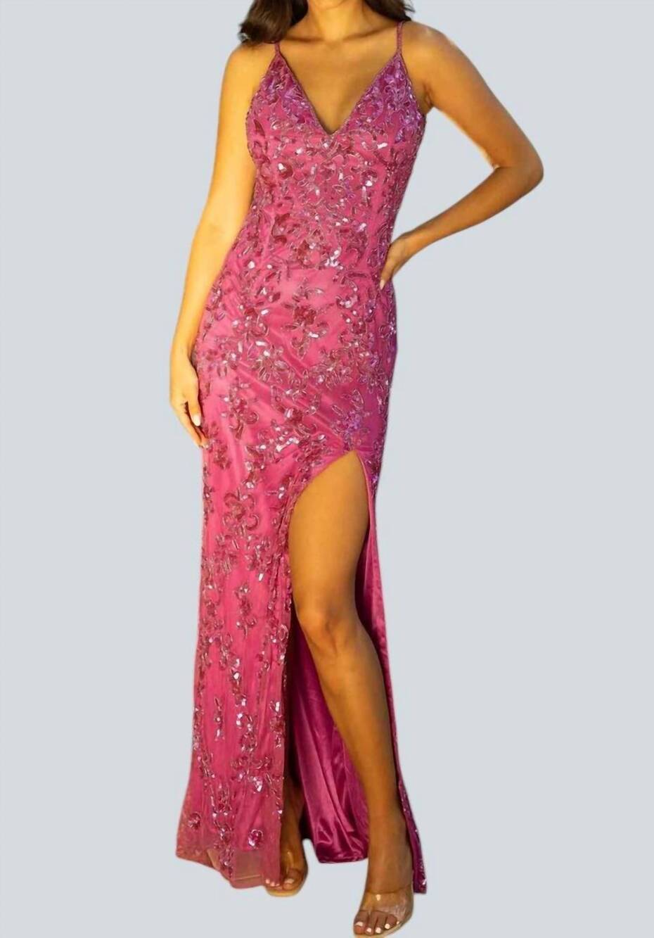 NEW PRIMAVERA backless long sequin prom dress in fuchsia
